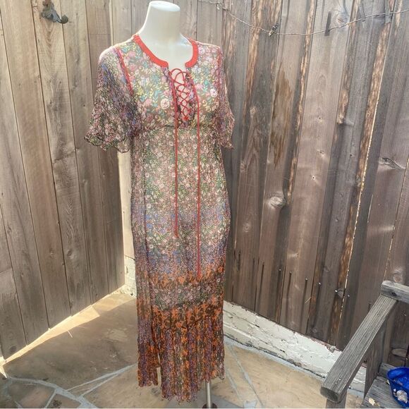 SUNDANCE Shadded Grove Floral Sheer Maxi Slip Dress Lace-up Neck Size M - Picture 4 of 12